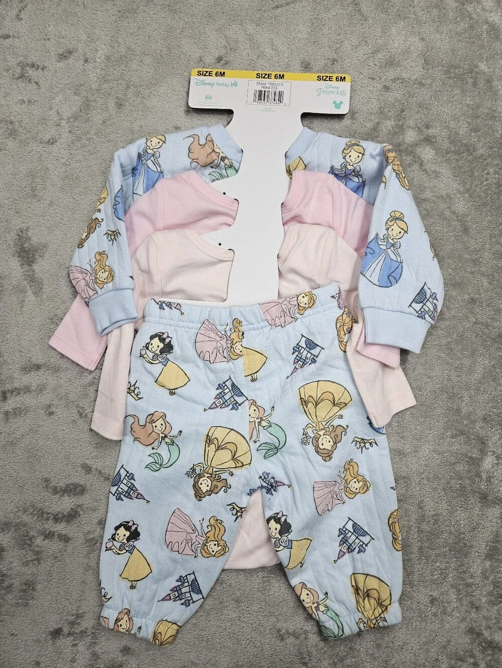 Disney Princess 3-Piece Baby Outfit Set Size 6M Blue Pink Belle Cinderella Snow